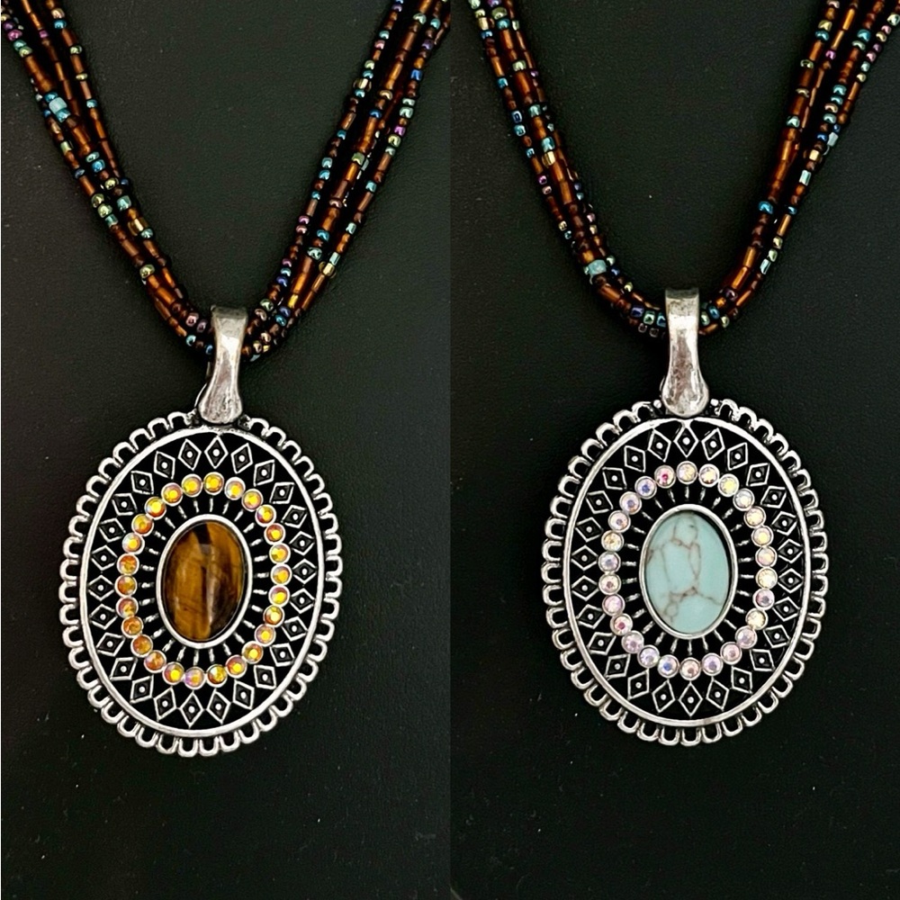 Vintage Beaded Multi Strand Necklace w Reversable Pendant Turquoise Tiger Eye